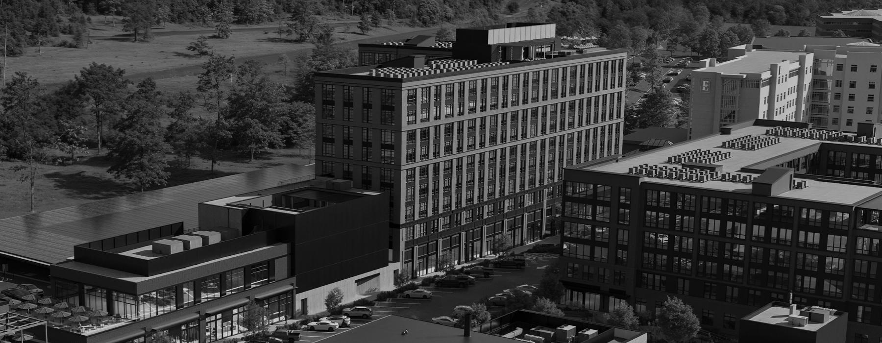 a large building with a river running through it