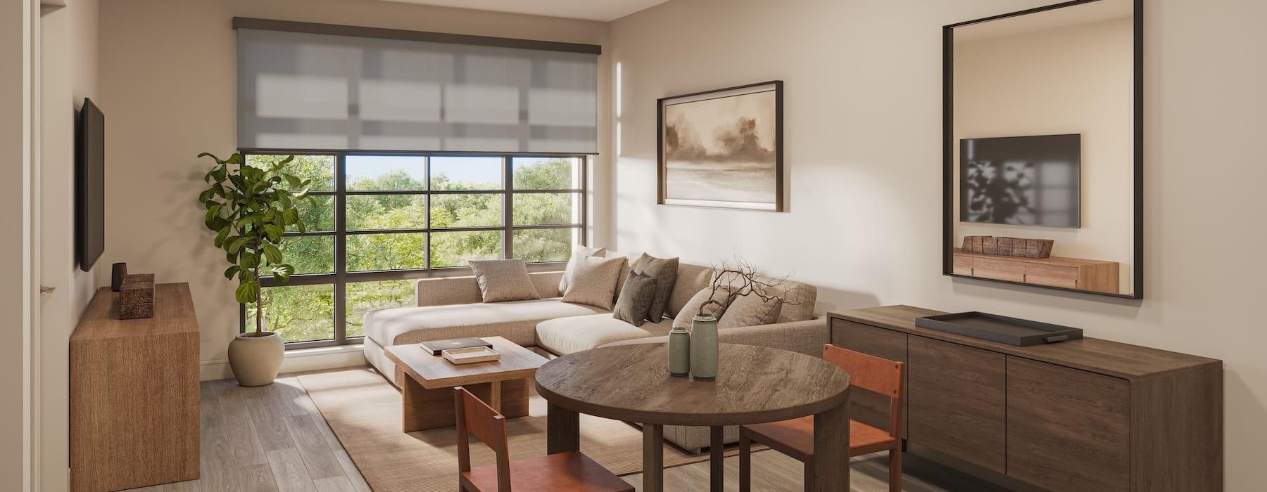 a living room with a couch and a table