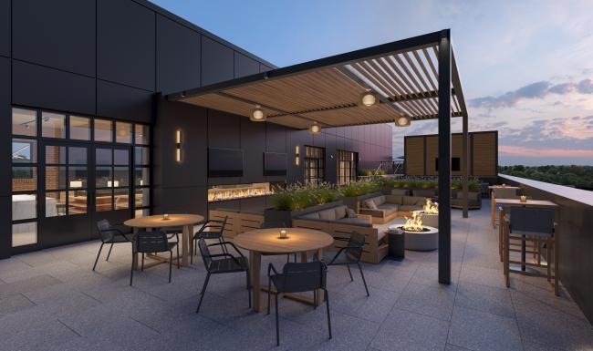 a patio with tables and chairs outside