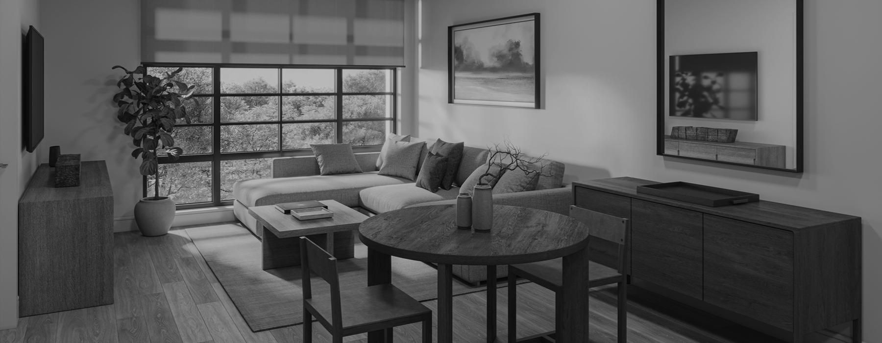 a living room with a couch and coffee table