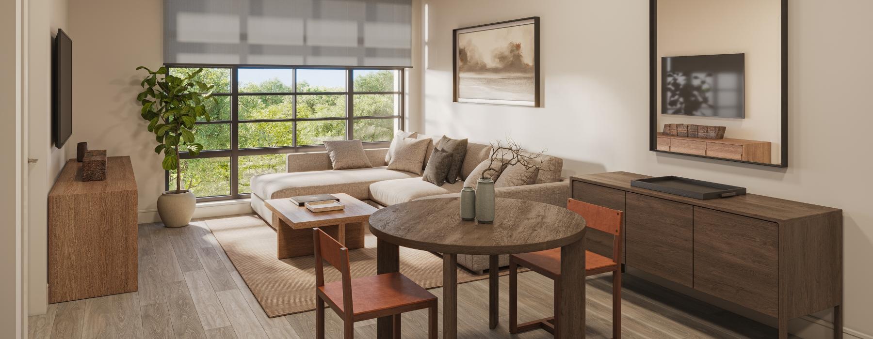 a living room with a couch and a table