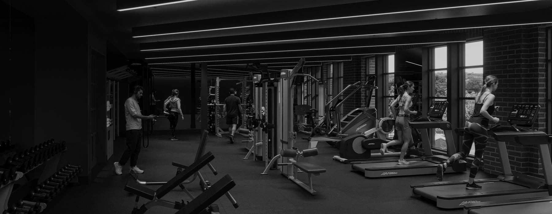 a group of people exercising in a gym