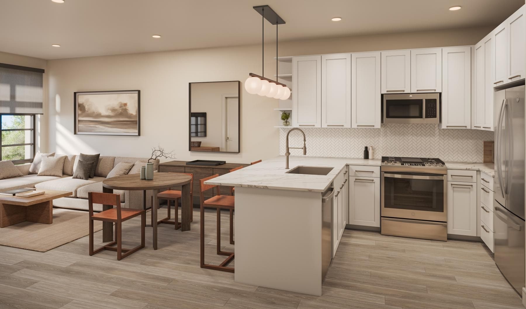 a kitchen with white cabinets